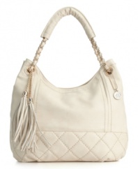 A laid-back hobo bag punctuated by a statement zigzag woven bottom for subdued sophistication. Chain link detailing along dual wrapped shoulder straps and flirty tassels adorn this super-soft purse from Big Buddha.