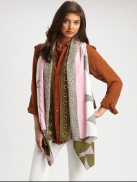 This exquisite, 2-in-1 silk design, is adorned with colorful, abstract prints and can be worn as a scarf or vest to suit your own personal style.Open frontSleevelessSilkAbout 33 X 64.5Dry cleanImported