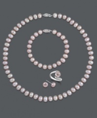 Pretty in pink. Pink cultured freshwater pearls (7-8 mm) set in sterling silver comprise this matching four-piece jewelry set. Includes a strand necklace, a strand bracelet, a wrap ring and stud earrings. Approximate necklace length: 18 inches. Approximate bracelet length: 7-1/2 inches. Size 7. Items come packaged in a black gift box.