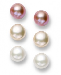 All the shimmer you need, in one sophisticated set. Three pairs of pretty cultured freshwater pearls (8-8-1/2 mm) come in white, ivory and pink set in sterling silver. Approximate diameter: 1/3 inch.