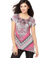 Amp up your next ensemble with this petite top from Style&co., featuring a jewel-studded chest, eye-catching print and a trend-right high-low hem.