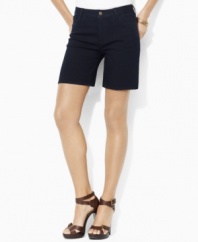 Lauren by Ralph Lauren's petite classic-fitting stretch denim shorts are a casual essential rendered in a bold hue for modern style.
