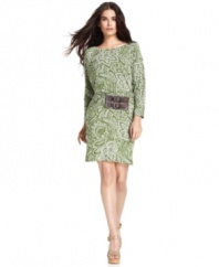 A sleek petite dress from MICHAEL Michael Kors is a tribute to the staying power of the chic paisley print. The look's contemporary edge comes from a stylish faux-leather belt at the waist.