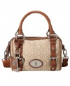 Rich leather trim and a unique tan print give this Fossil satchel a truly timeless look. Silvertone hardware and signature charms complete this gorgeous take-anywhere design.