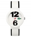 Edgier than your average tennis whites. Goa watch by Lacoste crafted of white and black silicone strap and round white plastic case. White dial features oversized black numerals at twelve and six o'clock, iconic crocodile logo at three o'clock, cut-out hour and minute hands and red second hand. Quartz movement. Water resistant to 30 meters. Two-year limited warranty.