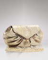 A glamorous clutch for evening in gleaming embossed metallic leather. Up the glitz factor with metallic accessories.