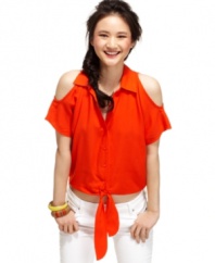 Punctuate your neutral denim with a color that pops via this top from At Last! Boasting awesome shoulder cutouts and a bright, poppy hue, this blouse gives you a chic reason to dive into the season's color pool!