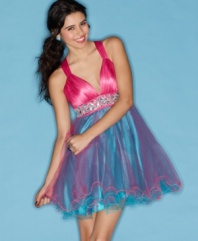 Get your party on in this empire waist dress from Sequin Hearts that features a band of rhinestones and a fun, multicolor skirt of tulle!