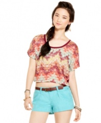 The new crop is here: American Rag's printed tee makes a fierce fashion statement with a sheer chiffon back!