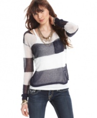 The chic open-knit design and nautical stripes on this sweater from Say What? make it cool to keep warm!