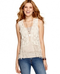 Bohemian style lives on with this fringed, crochet knit vest from One Clothing -- an ultra-cool companion to your just kickin' it uniform!