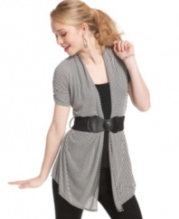 Layer on the stripes with this asymmetrical cardi that comes with a belt, plus an attached cami! From BCX.