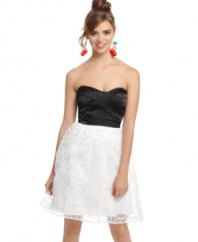 Hailey Logan makes this dress amazing by combining a seamed satin bodice with a full, contrasting textured skirt. Best of all, it comes with removable straps, so you decide how to wear it!