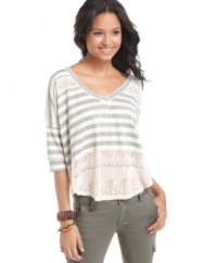 Eyeshadow gives this casual striped top a touch of romance with inset lace at the shoulders and from waist to hem.