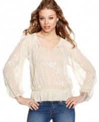 Dreamy chiffon and an artful floral print unite gracefully on this blouson top from GUESS? -- a lovely companion to your number one jeans!