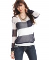 The chic open-knit design and nautical stripes on this sweater from Say What? make it cool to keep warm!