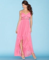 Pleated layers of chiffon and a fancifully beaded waist make a striking statement on this dress from Speechless!