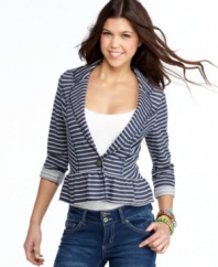 Give your day look the perfect striped finish with this cropped and ruffled blazer from Jolt!