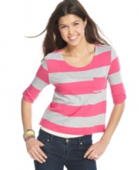 Get bold in stripes with this crop top from Planet Gold. Looks awesome with jeans for easygoing, daytime style!