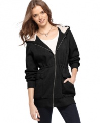 Warm-up in this fleece jacket from Hot Kiss that features a toasty faux-fur lined hood and waist-defining drawstring!