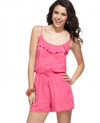 Get your heart all a-flutter with this romper from Planet Gold, where a ruffled neckline creates doll-like style!