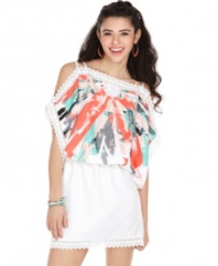 Dress like a living doll in this colorful, warm-weather frock from Rampage! A delicate lace trim and splash of painterly print adds infinite vibrancy to this blouson dress!