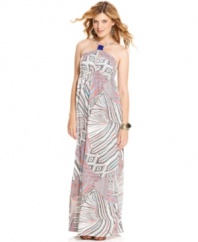 Head-off in beach-ready style with this maxi dress from Jessica Simpson that boasts a detailed print and the comfiest fit of all!