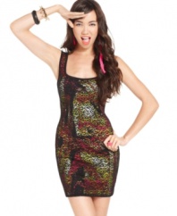 A lace overlay subdues the bold and colorful print on this body-hugging number from Material Girl -- a wild rendition of the trend-right lace dress!