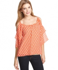 Show off your shoulders! This bright printed top by 6 Degrees is designed with cool shoulder cutouts and a tiered sleeve.