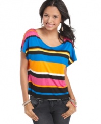 Enrich your trove of tops with bold, color-hot tees like this style from Ultra Teeze that features a shredded, open back!