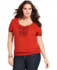 Crochet trim lends a charming appeal to Lucky Brand Jeans' plus size peasant top-- complete the look with your favorite casual bottoms.