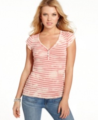 Faded splotches create a cool bleached effect on this striped henley top from GUESS?.