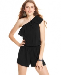 Rock casual elegance on balmy days in this romper from BCX, where a ruffled, one-shoulder silhouette adds chic style to an every day look!