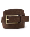 Finish off your attire with this handsome skinny belt, featuring soft suede and a thin rectangular brass buckle.