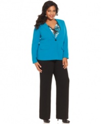 A can't-miss work look is easy to achieve: Tahari by ASL's plus size suit pairs a cobalt jacket and classic black trousers with a chic cowlneck shell that marries both colors together.