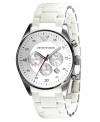 Crisp, clean style by Emporio Armani. This watch features a white silicone-wrapped stainless steel bracelet and round case. White chronograph dial with black indices and numerals, logo, date window and three subdials. Analog movement. Water resistant to 50 meters. Two-year limited warranty.