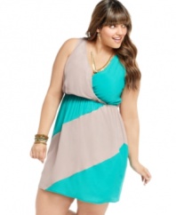 Land on-trend style for spring with Soprano's sleeveless plus size dress, finished by a colorblocked pattern.