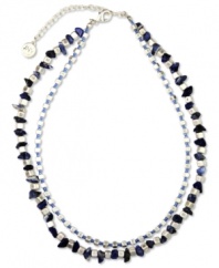 Jones New York's edgy two-row necklace channels plenty of attitude with blue semi-precious and metal beads. Crated in worn silver tone mixed metal. Approximate length: 17 inches + 3-inch extender.