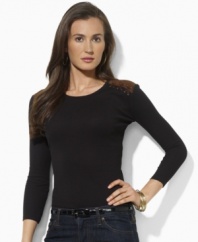 Cut in a relaxed, feminine silhouette, Lauren by Ralph Lauren's supremely soft ribbed cotton top is finished with faux-suede patches and stitching at the shoulders for a chic, rustic vibe.