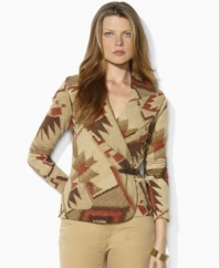 Lauren by Ralph Lauren's serape-inspired pattern adds heritage appeal to a soft shawl-collar petite cardigan, rendered in soft cotton with a faux-leather buckle at the side.