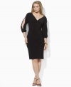A bold V-neckline and split sleeves create an alluring plus size dress, rendered in sleek matte jersey that flatters the figure, from Lauren by Ralph Lauren.