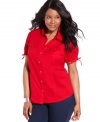 Get polished casual style with Karen Scott's short sleeve plus size shirt-- pair it with your favorite neutral bottoms.
