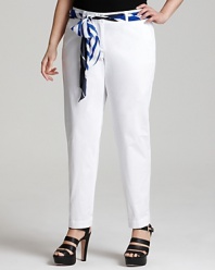 Tie up your pants portfolio in these DKNYC slim pants, designed in a trend-right narrow silhouette and finished at the waist with a striped, silky scarf.