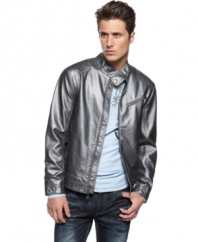 Rock n' roll your way to hip style with this pleather jacket from INC.