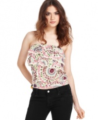 Tiers of ruffles take an asymmetrical dip on this super adorable -- and totally vibrant -- strapless top from American Rag: an awesome update to the classic tube top!