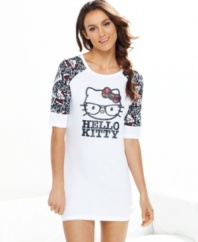 Snuggle up in this comfortable and fun Hello Kitty Nerds sleepshirt. A cute, nerdy Hello Kitty screen print adorns the front and is printed on the patterned sleeves.