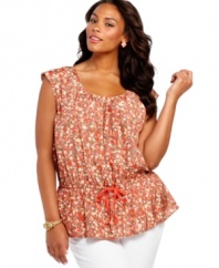 Feminine style is a cinch with DKNY Jeans' cap sleeve plus size top, featuring a floral print and drawstring waist.