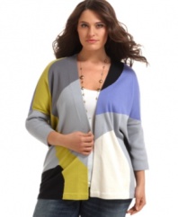 Brighten up your casual style with Alfani's three-quarter sleeve plus size cardigan, featuring a colorblocked pattern-- layer it with a tank or tee!