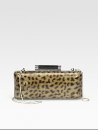 Ultra-glossy patent leather with a chic, muted leopard print; the perfect addition to your night.Detachable chain shoulder strap, 20½ dropTop clasp closureOne inside open pocketFully lined8W X 3H X 1¾DImported