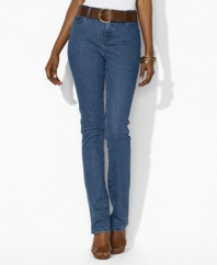 A sleek petite bootcut silhouette is designed with a hint of stretch for comfort and a flattering fit, making these pants among the best jeans for petites from the Lauren by Ralph Lauren collection.
